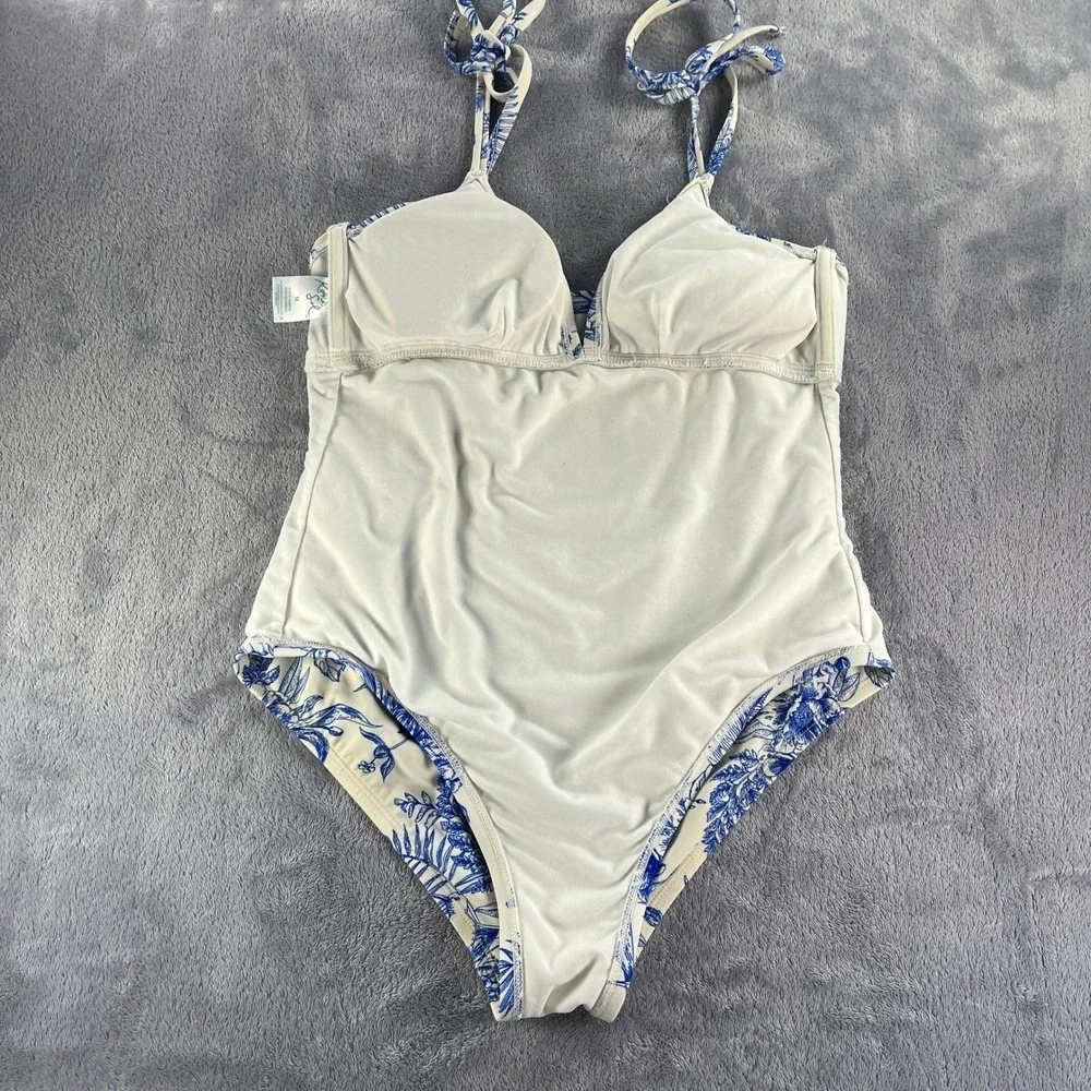 One Piece Swimsuit M Blue Cream Toile Floral Tie Strap Coastal Botanical Toile